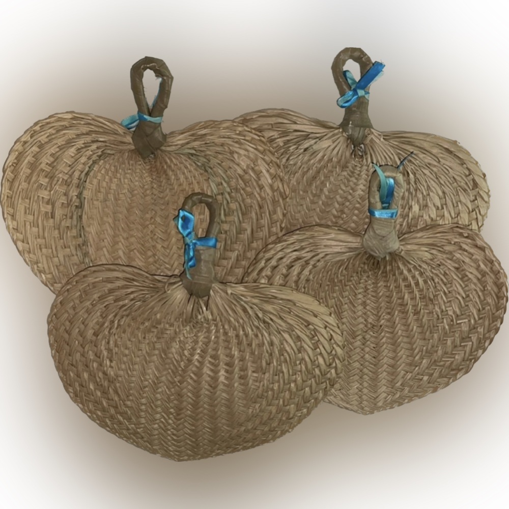 SET OF 4  Brand NEW WICKER HAND FANS With Detachable BLUE RIBBONS